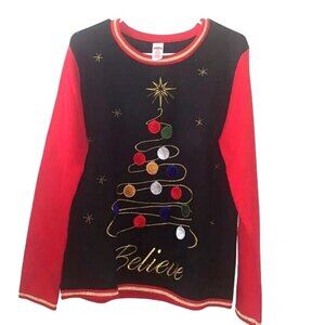 Holiday Time Believe Christmas Sweater Red & Black L/G(12-14) Acrylic Long Sleev